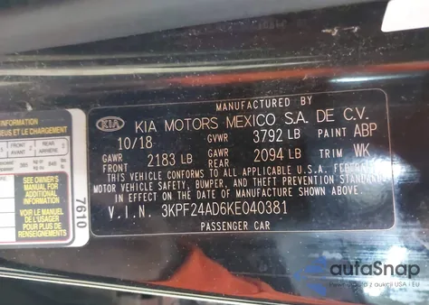 2019 Kia Forte Lxs z USA, uszkodzony, nr VIN 3KPF24AD6KE040381